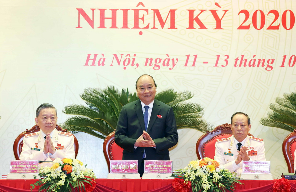 Thủ tướng Chính phủ Nguyễn Xuân Phúc dự và chỉ đạo Đại hội đại biểu Đảng bộ Công an Trung ương lần thứ VII nhiệm kỳ 2020-2025. (Ảnh: Thống Nhất/TTXVN)