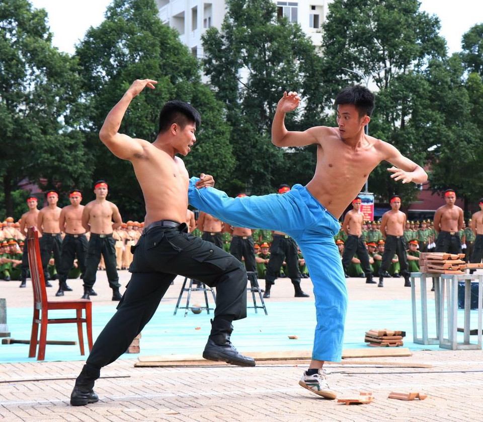 Biểu diễn võ thuật trong hội thi. (Ảnh: Tuấn Anh/TTXVN)