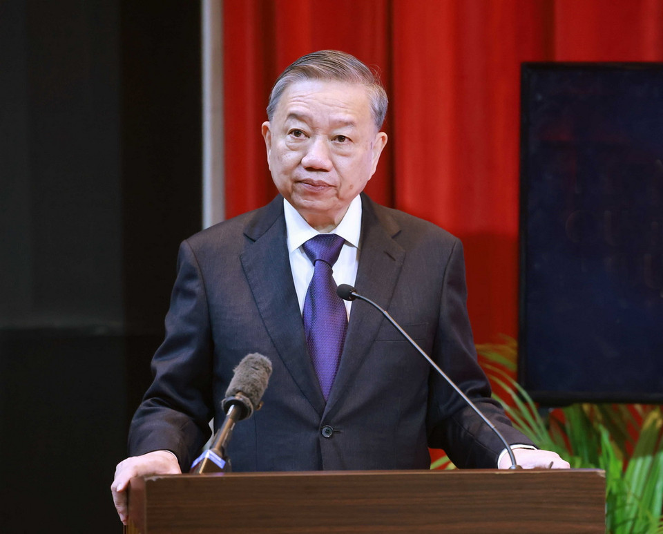 Tổng Bí thư Tô Lâm phát biểu tại Đại học Quốc gia Malaya. (Ảnh: Thống Nhất/TTXVN)