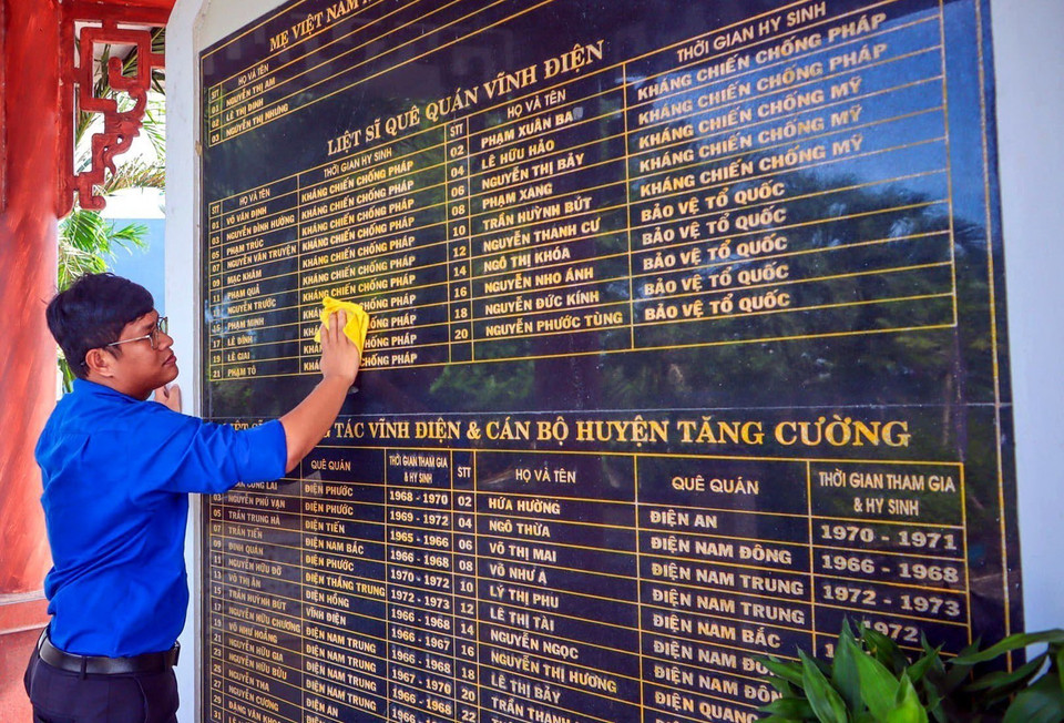 Đoàn viên thanh niên Quảng Nam lau mới Nhà bia tưởng niệm các Anh hùng liệt sỹ tại các địa phương. (Ảnh: TTXVN)