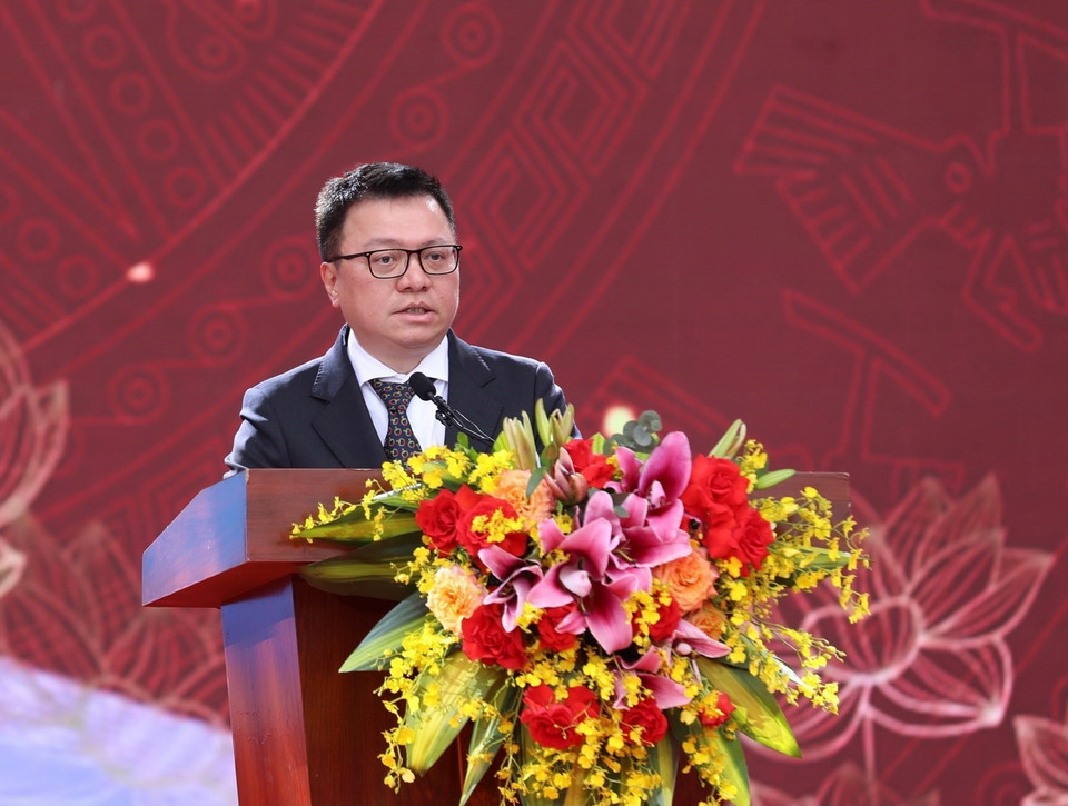 Tổng biên tập báo Nhân Dân, Phó Trưởng Ban Tuyên giáo Trung ương, Chủ tịch Hội Nhà báo Việt Nam Lê Quốc Minh phát biểu. (Ảnh: Hoàng Hiếu/TTXVN)