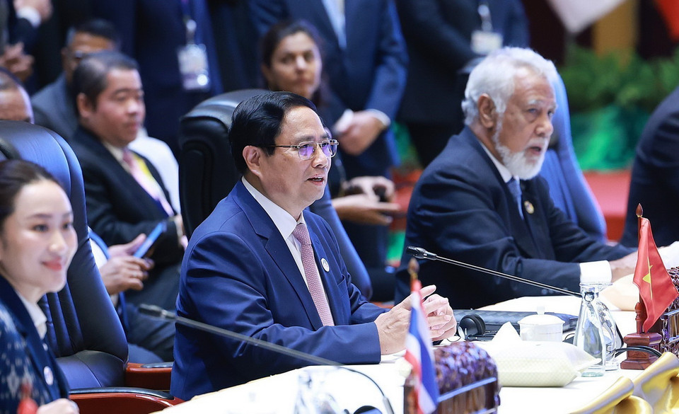 Thủ tướng Phạm Minh Chính tham dự và phát biểu tại Phiên toàn thể Hội nghị Cấp cao ASEAN lần thứ 44. (Ảnh: Dương Giang/TTXVN)