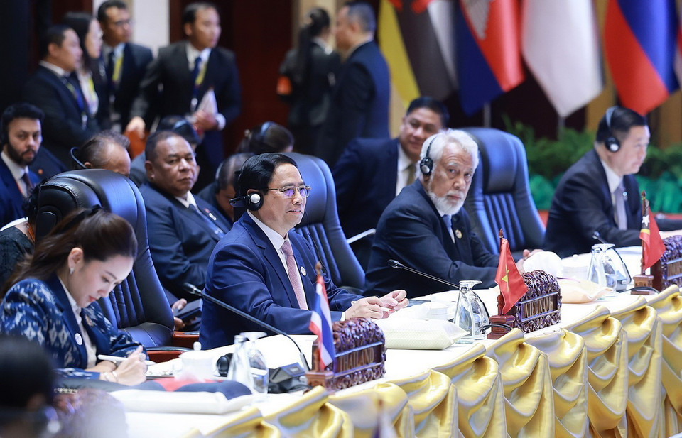 Thủ tướng Phạm Minh Chính phát biểu tại Phiên toàn thể Hội nghị Cấp cao ASEAN lần thứ 44. (Ảnh: Dương Giang/TTXVN)