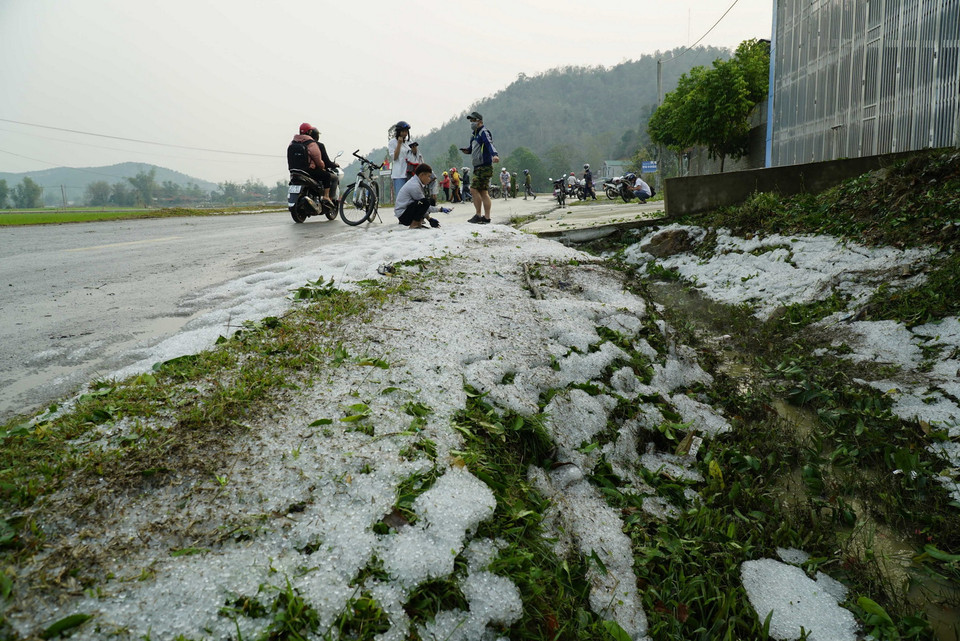 Mưa đá phủ trắng hai bên đường. (Ảnh: Xuân Tư/TTXVN)