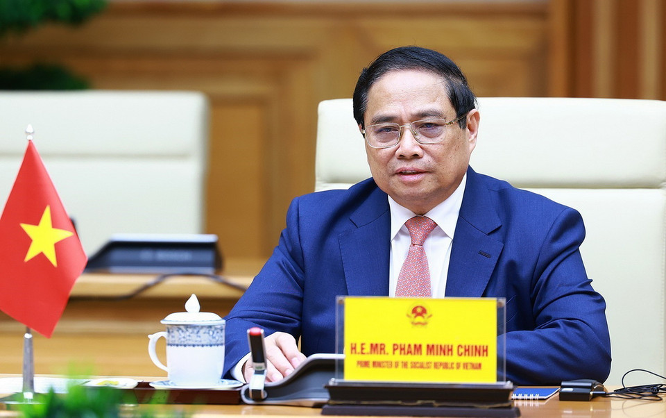 Thủ tướng Phạm Minh Chính phát biểu tại cuộc hội kiến Chủ tịch Thượng viện Australia Sue Lines. (Ảnh: Dương Giang/TTXVN)