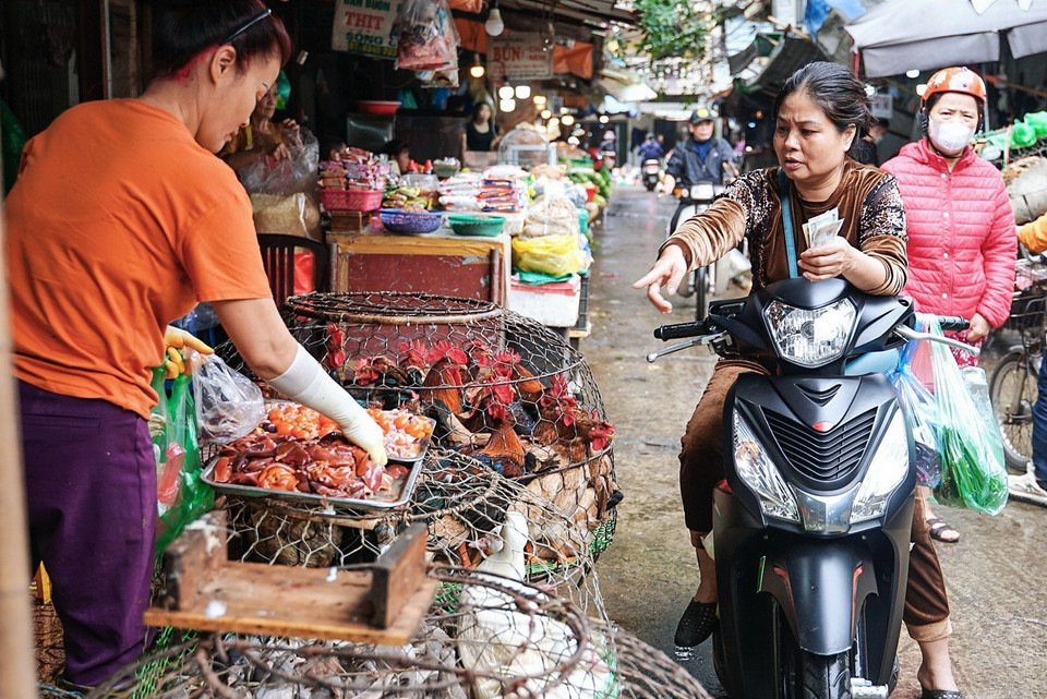Một quầy bán gia cầm sống tại chợ Nguyễn Công Trứ, Hà Nội. (Ảnh: Khánh Hòa/TTXVN)
