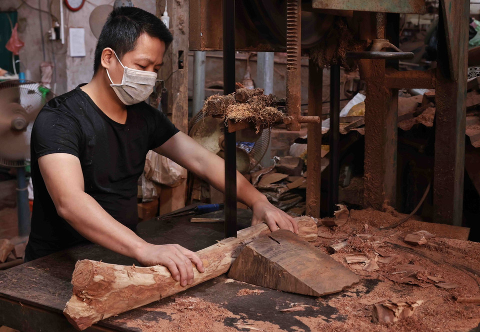 Những khúc gỗ được cắt theo kích thước cần thiết trước khi tiện. (Ảnh: Trần Việt/TTXVN)