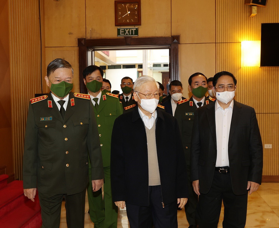  Sáng 21/12, Tổng Bí thư Nguyễn Phú Trọng đến dự Hội nghị Đảng ủy Công an Trung ương. (Ảnh: Trí Dũng/TTXVN)