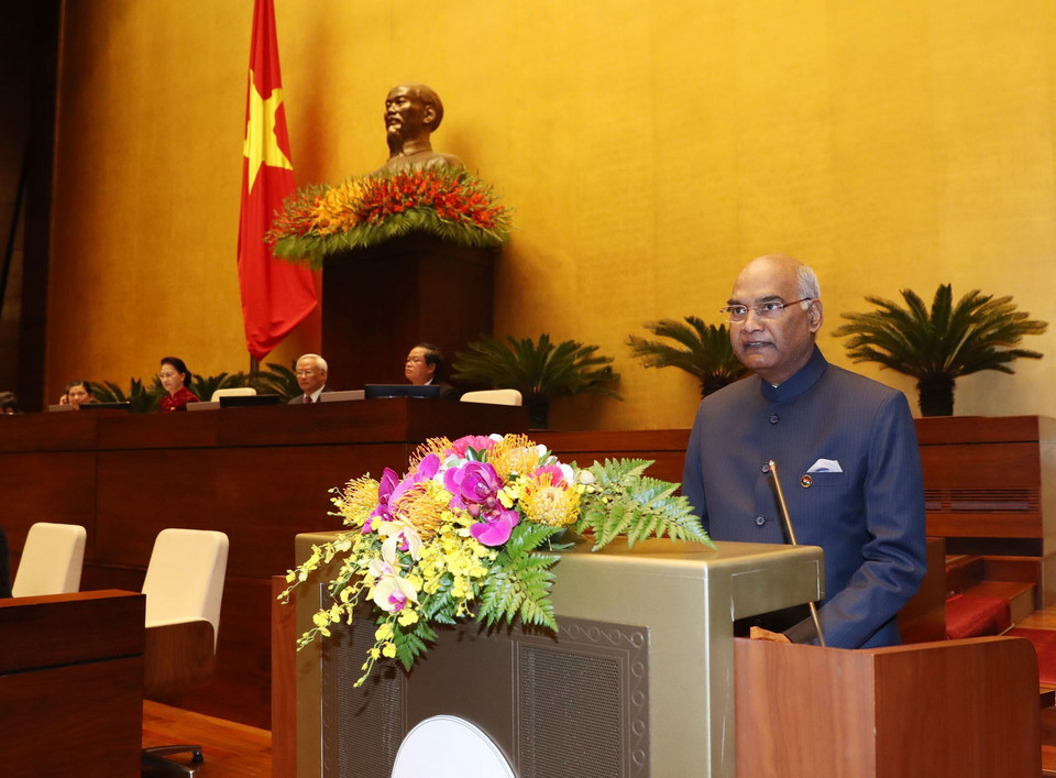 Tổng thống Ấn Độ Ram Nath Kovind phát biểu tại phiên họp sáng 20/11 của Kỳ họp thứ sáu, Quốc hội khóa XIV. (Ảnh: Trọng Đức/TTXVN)