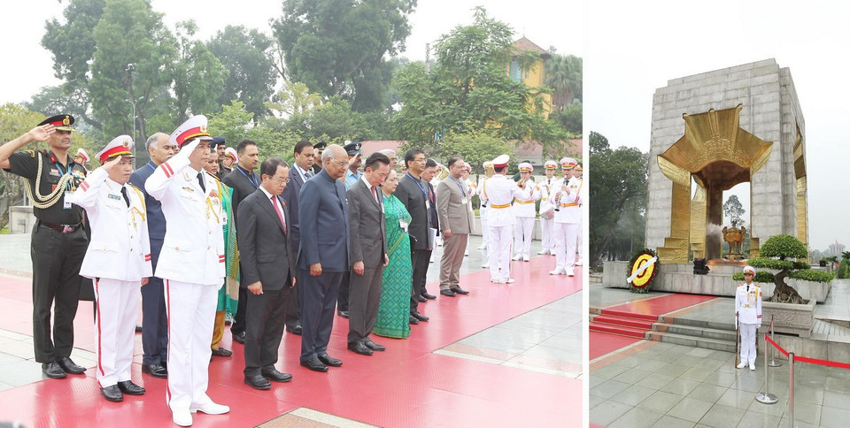 Tổng thống Ấn Độ Ram Nath Kovind và Phu nhân đến đặt vòng hoa tại Đài tưởng niệm các Anh hùng Liệt sỹ trên đường Bắc Sơn, Hà Nội. (Ảnh: Lâm Khánh/TTXVN)