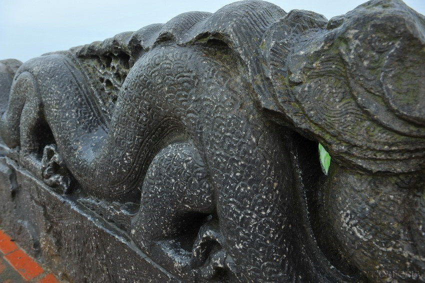 Nét hoa văn mang dấu ấn kiến trúc thời nhà Hồ trên con rồng bằng đá được chạm khắc rất tỉ mỷ, trau chuốt. Rồng có bốn chân, mỗi chân 3 móng với các túm lông lượn mềm mại. Đầu rồng hiện đã bị mất nhưng vẫn còn lại phần bờm dài lượn chín nếp. (Ảnh: Minh Đức/TTXVN)