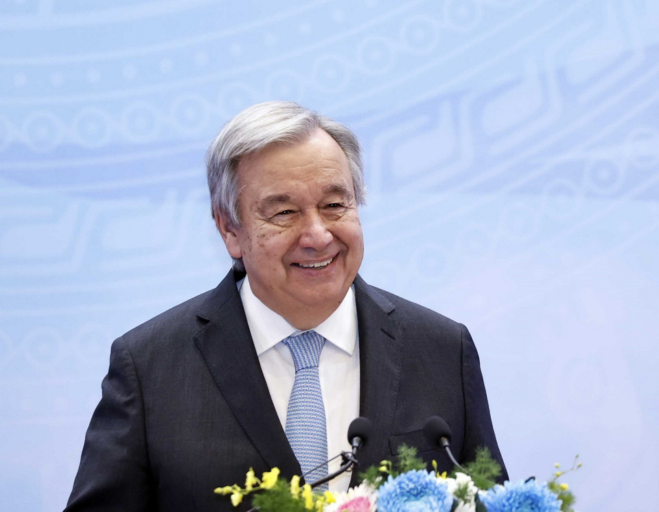 Tổng Thư ký Liên hợp quốc António Guterres phát biểu tại lễ kỷ niệm. (Ảnh: TTXVN)