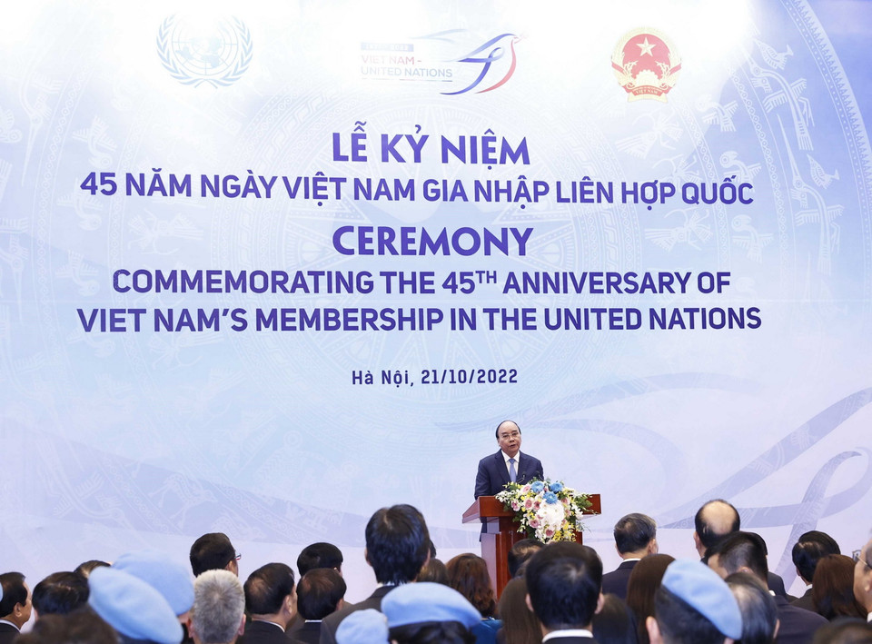 Chủ tịch nước Nguyễn Xuân Phúc phát biểu tại lễ kỷ niệm 45 năm ngày Việt Nam gia nhập Liên hợp quốc. (Ảnh: TTXVN)