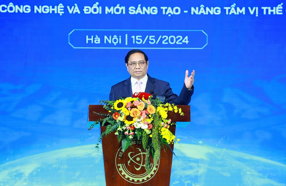 Thủ tướng Phạm Minh Chính phát biểu tại Lễ chào mừng Ngày Khoa học và Công nghệ Việt Nam. (Ảnh: Dương Giang/TTXVN )