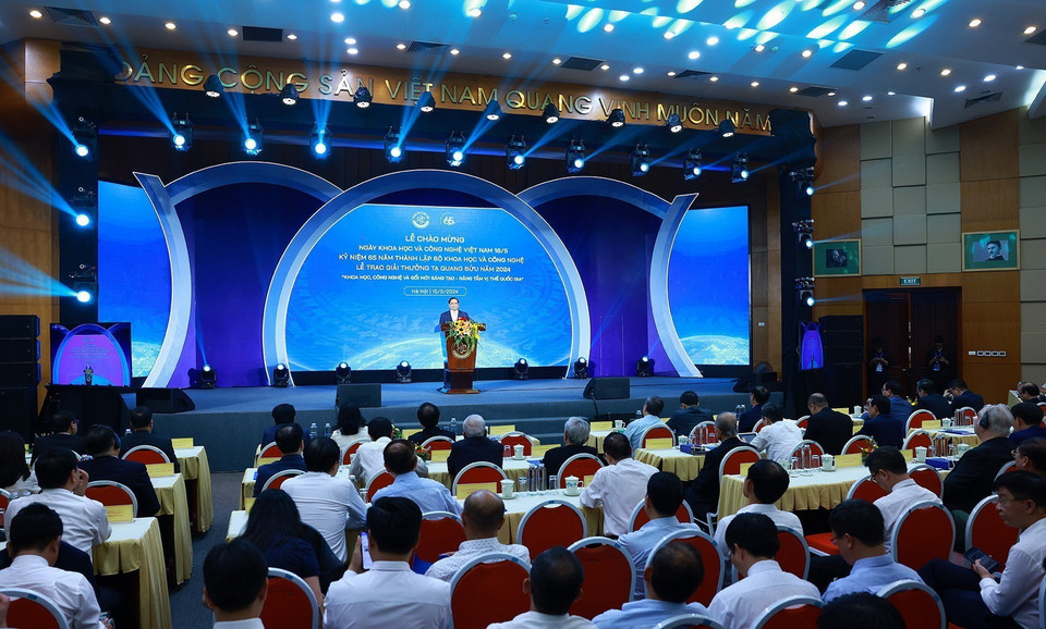 Thủ tướng Phạm Minh Chính phát biểu tại Ngày Khoa học và Công nghệ Việt Nam. (Ảnh: Dương Giang/TTXVN)