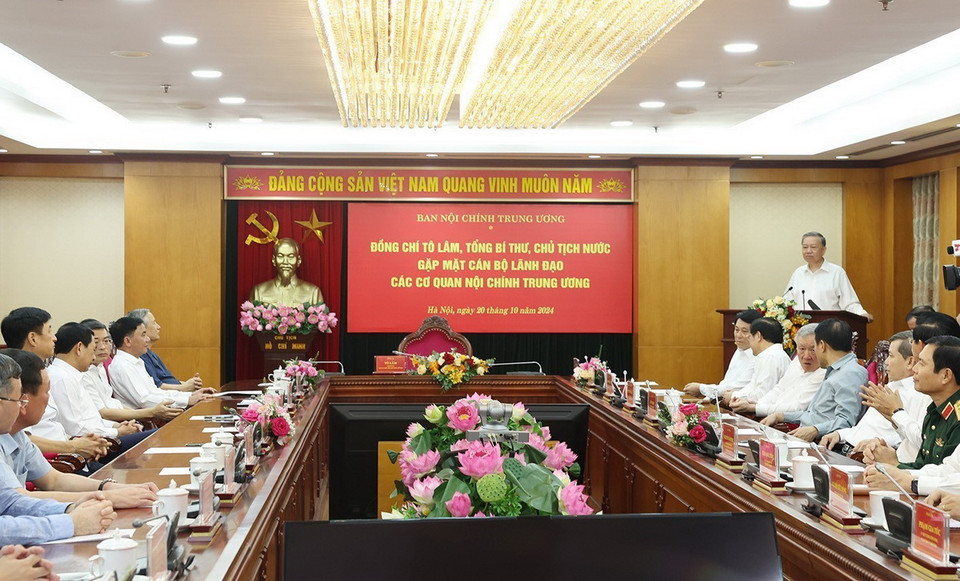 Tổng Bí thư, Chủ tịch nước Tô Lâm, Trưởng ban Chỉ đạo Trung ương về phòng, chống tham nhũng, lãng phí, tiêu cực phát biểu tại buổi làm việc. (Ảnh: Trí Dũng/TTXVN)