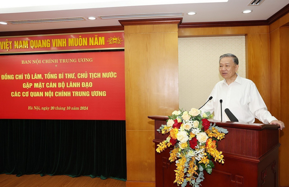 Tổng Bí thư, Chủ tịch nước Tô Lâm, Trưởng ban Chỉ đạo Trung ương về phòng, chống tham nhũng, lãng phí, tiêu cực phát biểu tại buổi làm việc. (Ảnh: Trí Dũng/TTXVN)