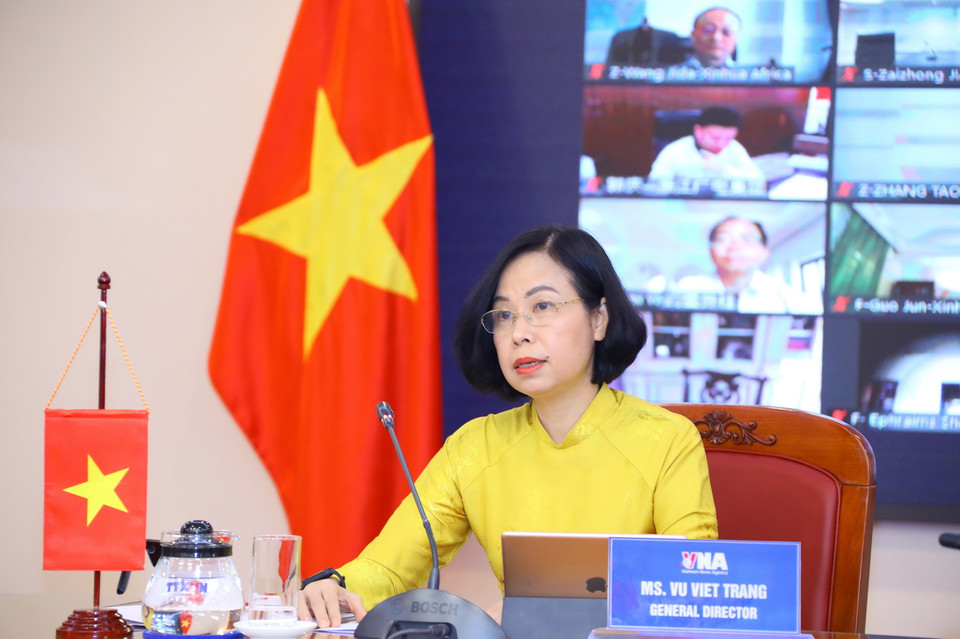 Tổng giám đốc TTXVN Vũ Việt Trang phát biểu tại điểm cầu Hà Nội. (Ảnh: Văn Điệp/TTXVN)