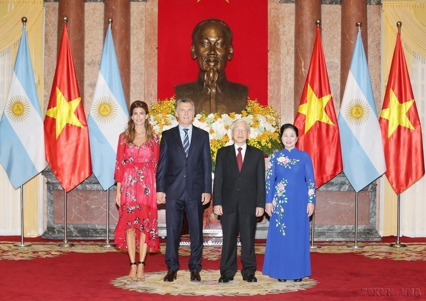 Tổng Bí thư, Chủ tịch nước Nguyễn Phú Trọng và Phu nhân đón Tổng thống Argentina Mauricio Macri và Phu nhân thăm cấp Nhà nước tới Việt Nam (2019). (Ảnh: Trí Dũng/TTXVN)