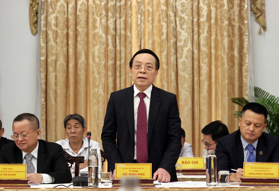 Ông Đỗ Minh Phú, Chủ tịch HĐQT TP Bank phát biểu. (Ảnh: Thống Nhất/TTXVN)