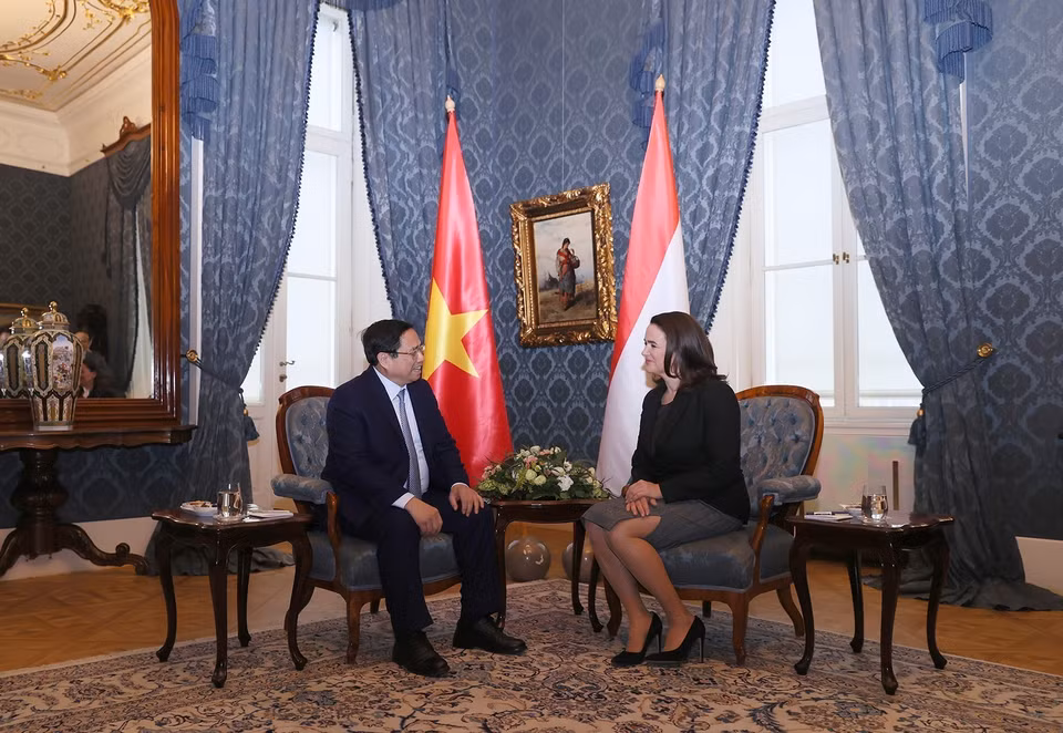 Thủ tướng Phạm Minh Chính hội kiến Tổng thống Hungary Katalin Novák. (Ảnh: Dương Giang/TTXVN)