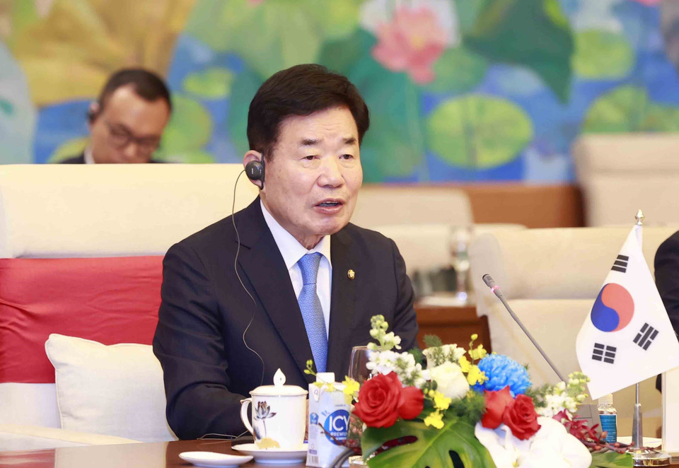 Chủ tịch Quốc hội Hàn Quốc Kim Jin-pyo phát biểu tại buổi hội đàm. (Ảnh: Doãn Tấn/TTXVN)