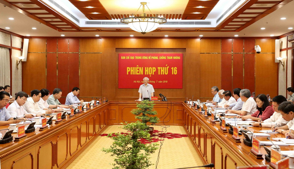Tổng Bí thư, Chủ tịch nước Nguyễn Phú Trọng, Trưởng Ban Chỉ đạo Trung ương về phòng, chống tham nhũng chủ trì Phiên họp thứ 16 của Ban Chỉ đạo (Hà Nội, 26/7/2019). (Ảnh: Phương Hoa/TTXVN)