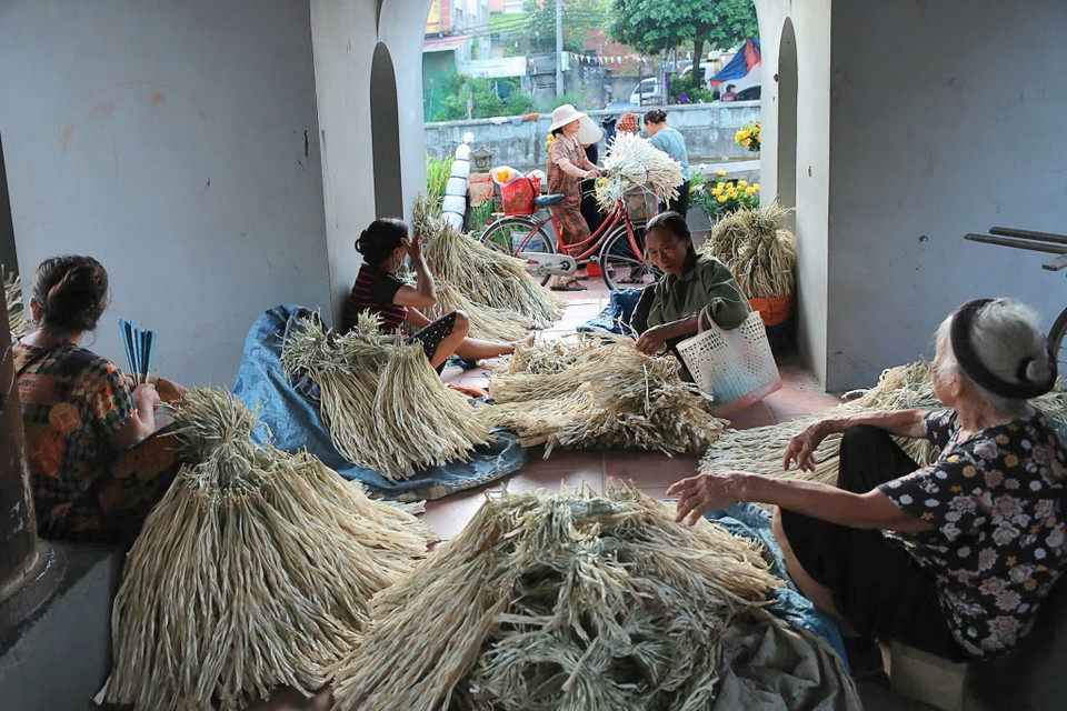 Lá lụi (lá làm nón) được bó lại theo chùm 50 hoặc 100 cành tùy theo chất lượng, giá dao động từ 65.000 - 120.000 đồng/bó, thông thường sẽ đắt nhất vào dịp Hè vì nhu cầu sử dụng tăng cao. (Ảnh: Ngọc Liên/TTXVN)