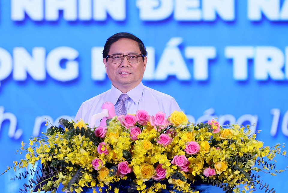 Thủ tướng Phạm Minh Chính phát biểu tại Hội nghị Công bố Quy hoạch tỉnh Trà Vinh. (Ảnh: Dương Giang/TTXVN)