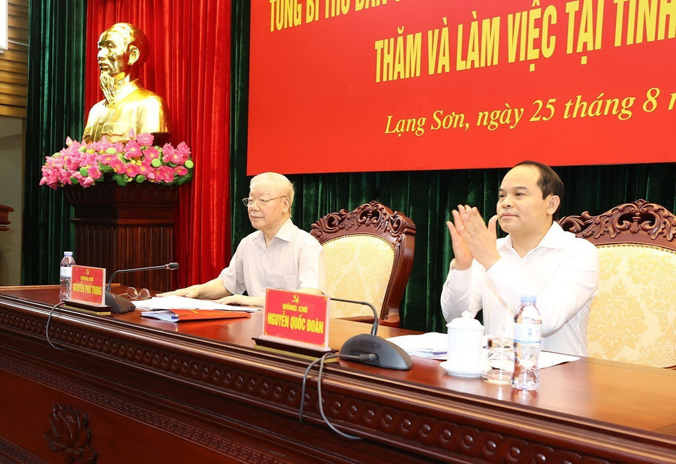 Tổng Bí thư Nguyễn Phú Trọng tại buổi làm việc với lãnh đạo chủ chốt tỉnh Lạng Sơn. (Ảnh: Trí Dũng/TTXVN)