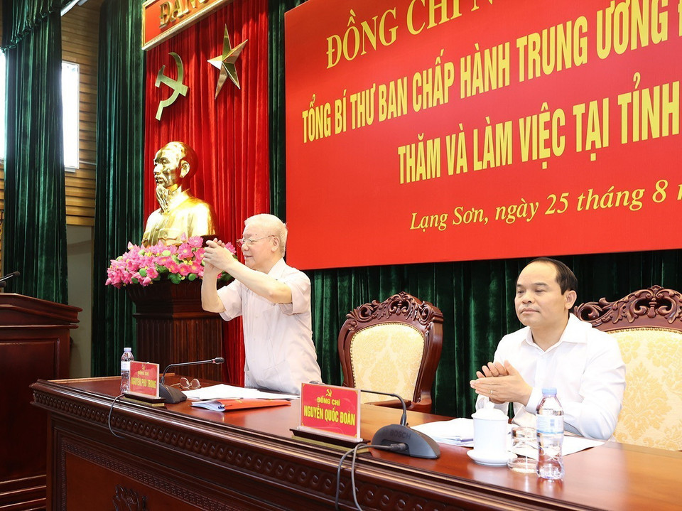 Tổng Bí thư Nguyễn Phú Trọng tại buổi làm việc với lãnh đạo chủ chốt tỉnh Lạng Sơn. (Ảnh: Trí Dũng/TTXVN)