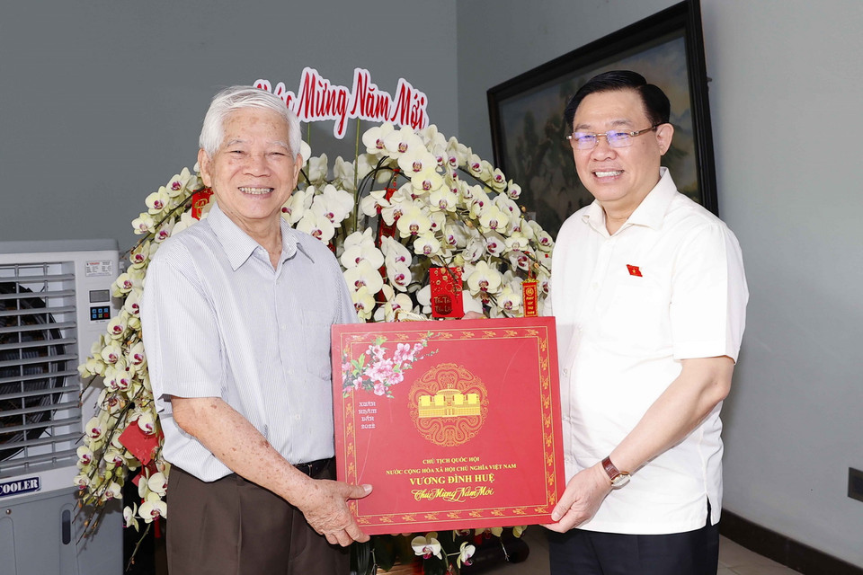 Chủ tịch Quốc hội Vương Đình Huệ chúc Tết nguyên Chủ tịch nước Nguyễn Minh Triết. (Ảnh: Doãn Tấn/TTXVN)