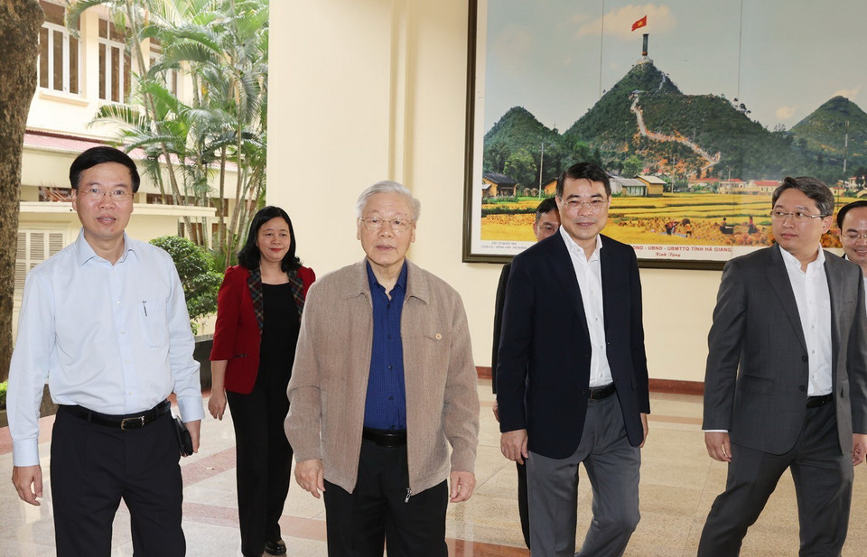 Tổng Bí thư, Chủ tịch nước Nguyễn Phú Trọng và các đại biểu đến dự Hội nghị. (Ảnh: Trí Dũng/TTXVN)