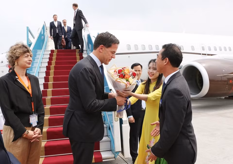 Thứ trưởng Bộ Ngoại giao Tô Anh Dũng đón Thủ tướng Vương quốc Hà Lan Mark Rutte tại Sân bay quốc tế Nội Bài (Hà Nội). (Ảnh: Dương Giang/TTXVN)