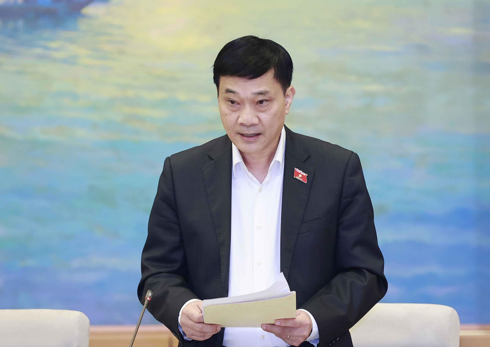 Chủ nhiệm Ủy ban Kinh tế của Quốc hội Vũ Hồng Thanh trình bày Báo cáo thẩm tra về dự án Luật Kinh doanh bất động sản (sửa đổi). (Ảnh: Doãn Tấn/TTXVN)