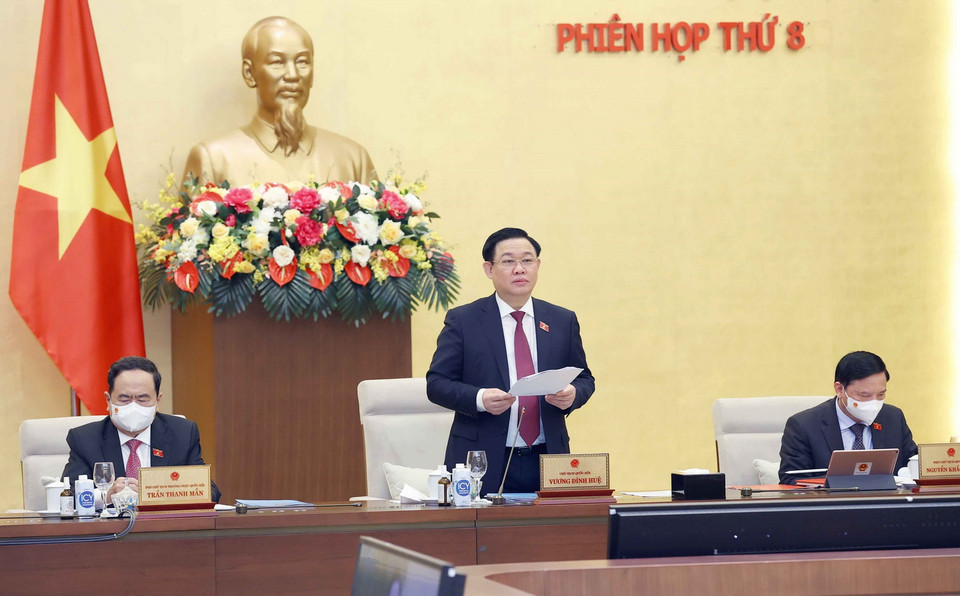 Chủ tịch Quốc hội Vương Đình Huệ phát biểu khai mạc Phiên họp thứ 8 của Ủy ban Thường vụ Quốc hội khóa XV. (Ảnh: Doãn Tấn/TTXVN)