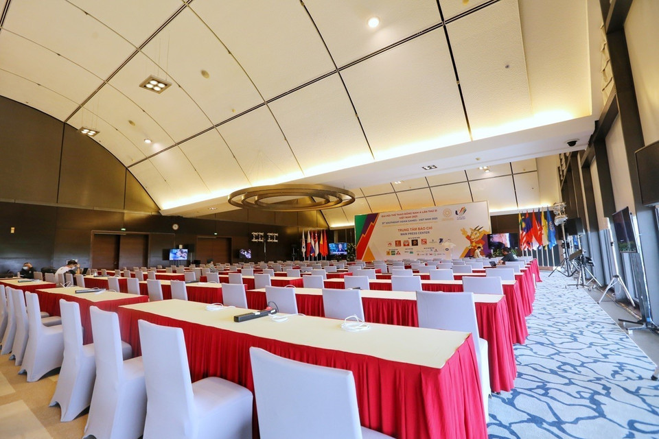 Trung tâm Báo chí SEA Games 31 có thể phục vụ khoảng 200 phóng viên tác nghiệp cùng lúc. (Ảnh: Tuấn Đức/TTXVN)