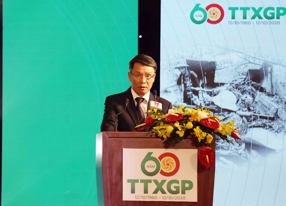 Ủy viên trung ương Đảng, Tổng giám đốc TTXVN Nguyễn Đức Lợi phát biểu tại lễ kỷ niệm. (Ảnh: Nhật Anh/TTXVN)