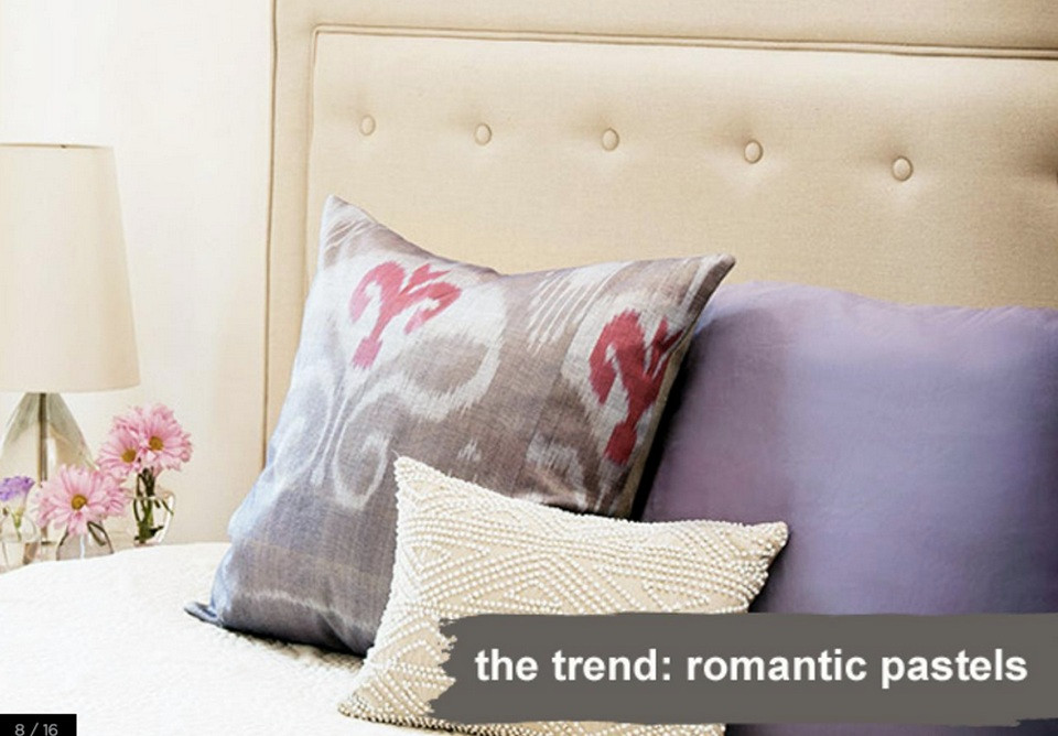 Ngày càng nhiều gam màu nhạt lãng mạn, mềm mại được sử dụng. Trong xu hướng màu nhạt, có một màu nổi bật hơn hẳn các màu khác: màu tím! Đây là mẫu thiết kế Coddington với tấm ván giường màu ngà voi và chiếc gối họa tiết kết hợp giữa hoa oải hương, màu đá đen và hoa phong lan. (Ảnh: UMA/Vietnam+)