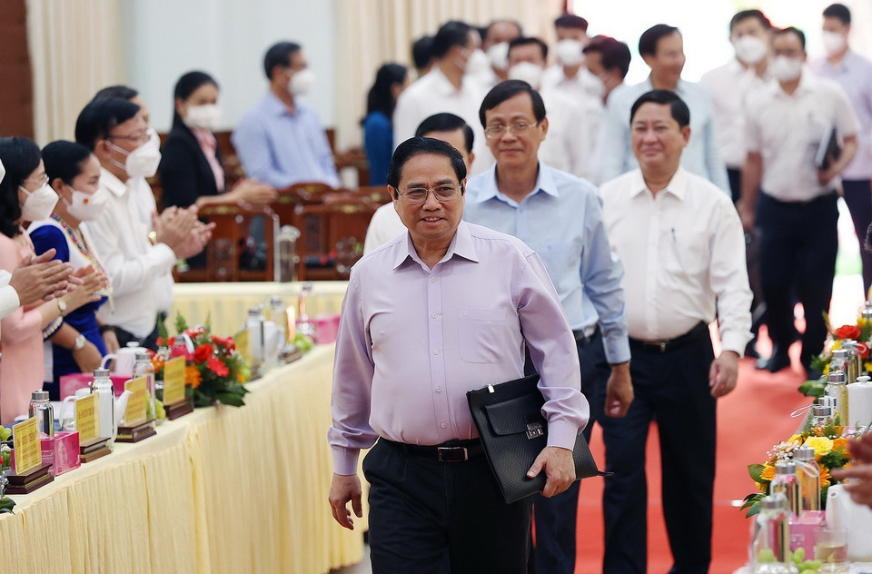 Sáng 17/4, tại Ninh Thuận, Thủ tướng Phạm Minh Chính làm việc với lãnh đạo chủ chốt tỉnh Ninh Thuận. (Ảnh: Dương Giang/TTXVN) 