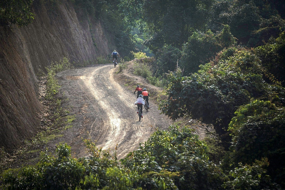 Các vận động viên đội tuyển xe đạp quốc gia luyện tập ở nội dung xe đạp địa hình. (Ảnh: Trọng Đạt/TTXVN)