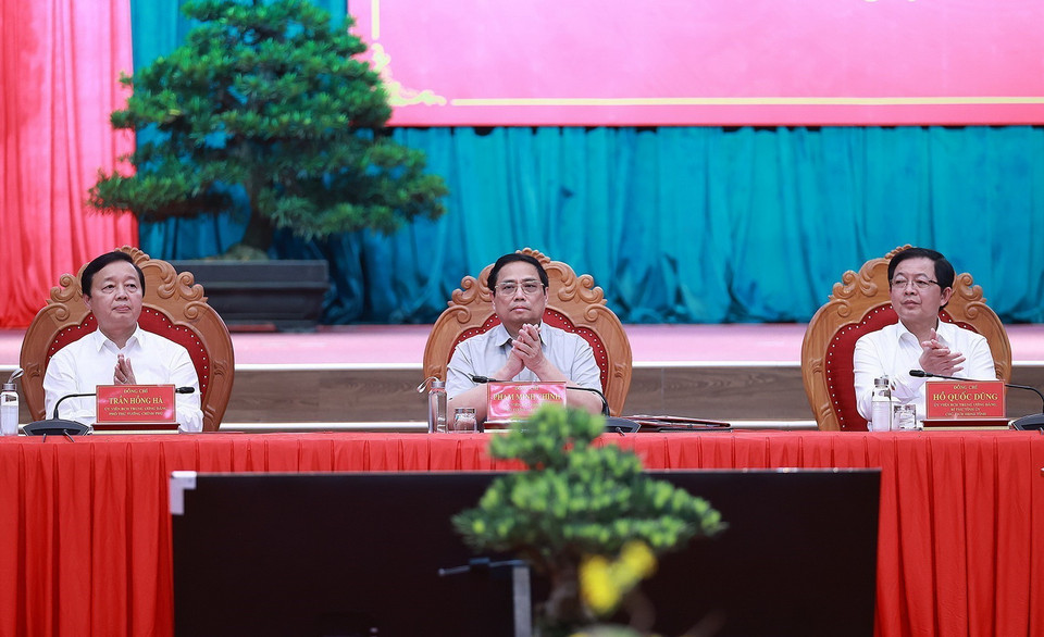 Thủ tướng Phạm Minh Chính tại buổi làm việc với Ban Thường vụ Tỉnh ủy Bình Định. (Ảnh: Dương Giang/TTXVN)