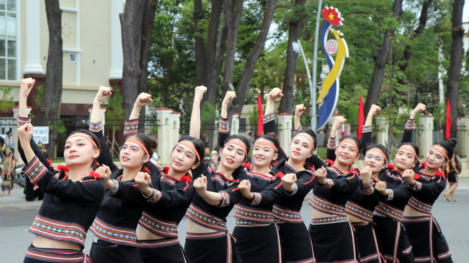 Tiết mục múa cùng trang phục dân tộc đặc trưng đem lại nét độc đáo tại Lễ hội đường phố. (Ảnh: Cao Nguyên/TTXVN)