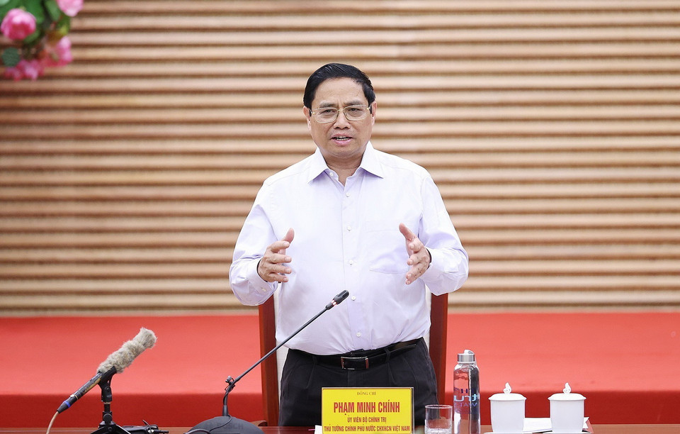 Thủ tướng Phạm Minh Chính phát biểu tại buổi làm việc với lãnh đạo chủ chốt tỉnh Nghệ An. (Ảnh: Dương Giang/TTXVN)