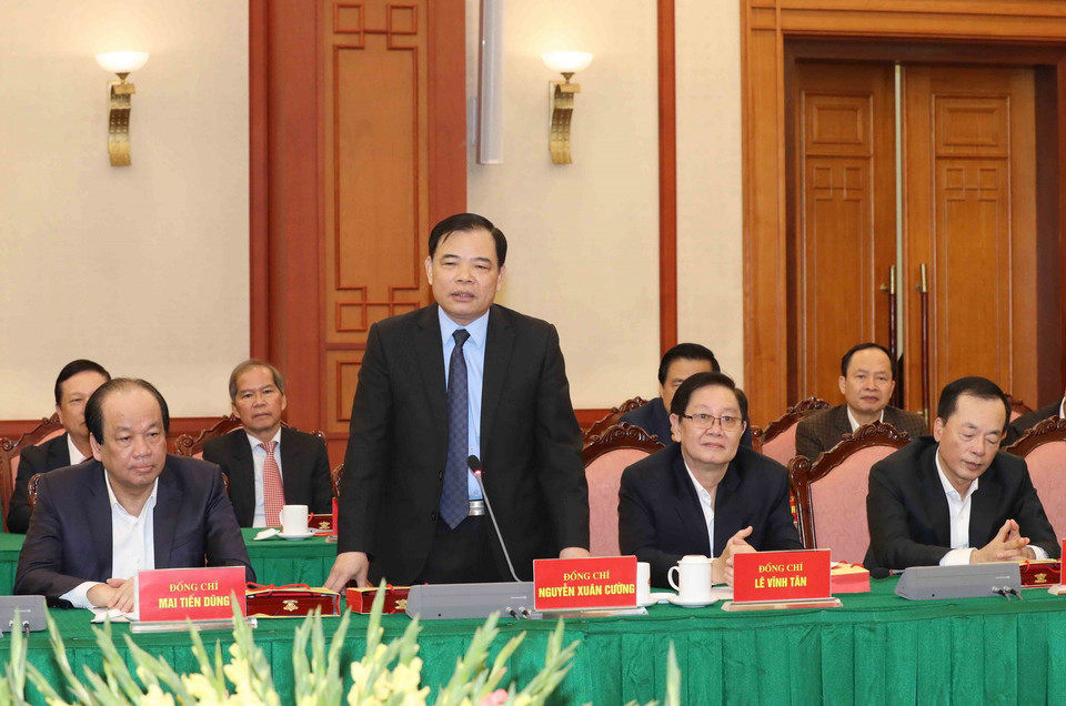 Ông Nguyễn Xuân Cường, nguyên Ủy viên Trung ương Đảng khóa XII, Bộ trưởng Bộ Nông nghiệp và Phát triển Nông thôn phát biểu. (Ảnh: Phương Hoa/TTXVN)