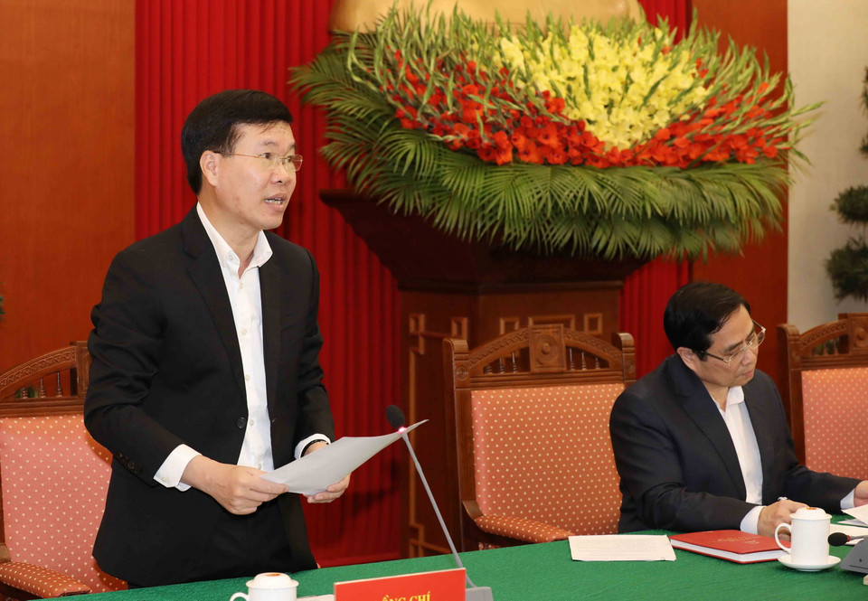 Ông Võ Văn Thưởng, Ủy viên Bộ Chính trị, Thường trực Ban Bí thư phát biểu khai mạc buổi gặp mặt. (Ảnh: Phương Hoa/TTXVN)