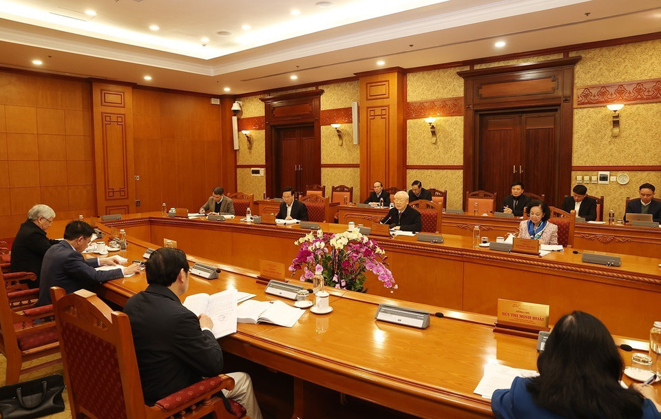 Tổng Bí thư Nguyễn Phú Trọng chỉ đạo tại cuộc họp. (Ảnh: Trí Dũng/TTXVN)