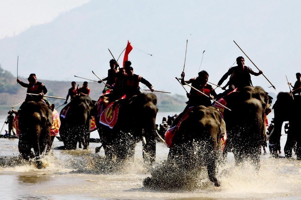 Dưới sự điều khiển của nài voi, cuộc đua diễn ra rất quyết liệt. (Ảnh: Dương Giang/TTXVN)