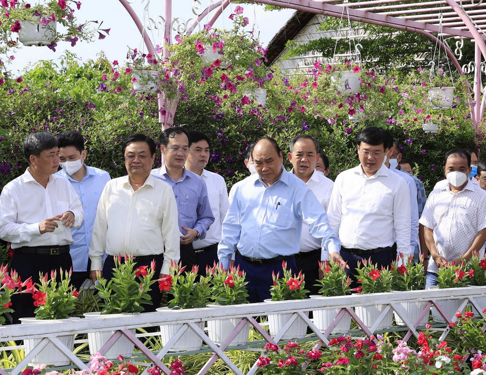 Chủ tịch nước Nguyễn Xuân Phúc cùng Đoàn công tác đi khảo sát Hội quán “Cùng nhau làm du lịch.” (Ảnh: Thống Nhất/TTXVN) 