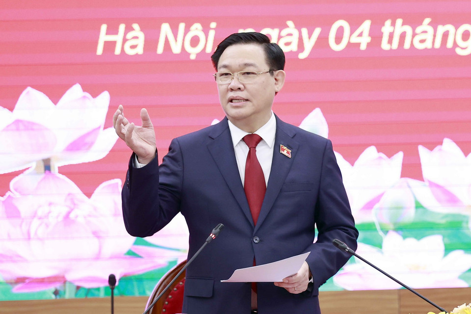 Chủ tịch Quốc hội Vương Đình Huệ phát biểu tại Tọa đàm góp ý Dự thảo Luật Đất đai (sửa đổi). (Ảnh: Doãn Tấn/TTXVN)